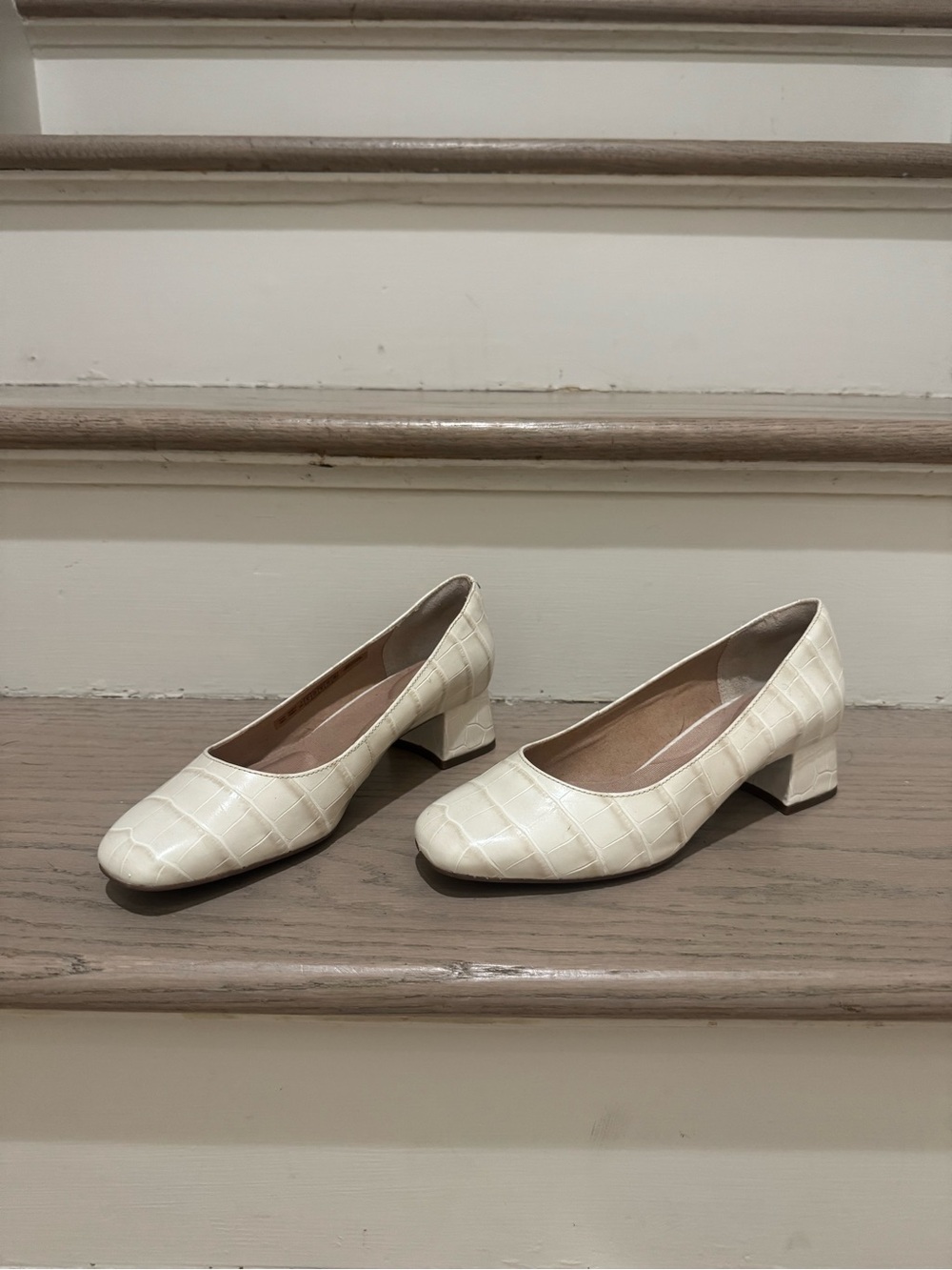 Rockport Cream Croc-Embossed Low Block Heel Pumps